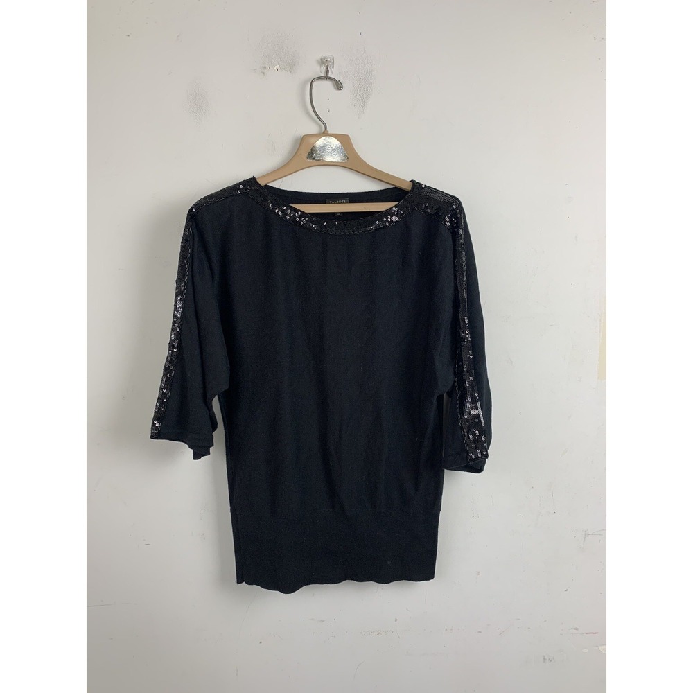 Talbots Womens Sweater Small Party Black Sequin Date Night Cotton Blend Evening